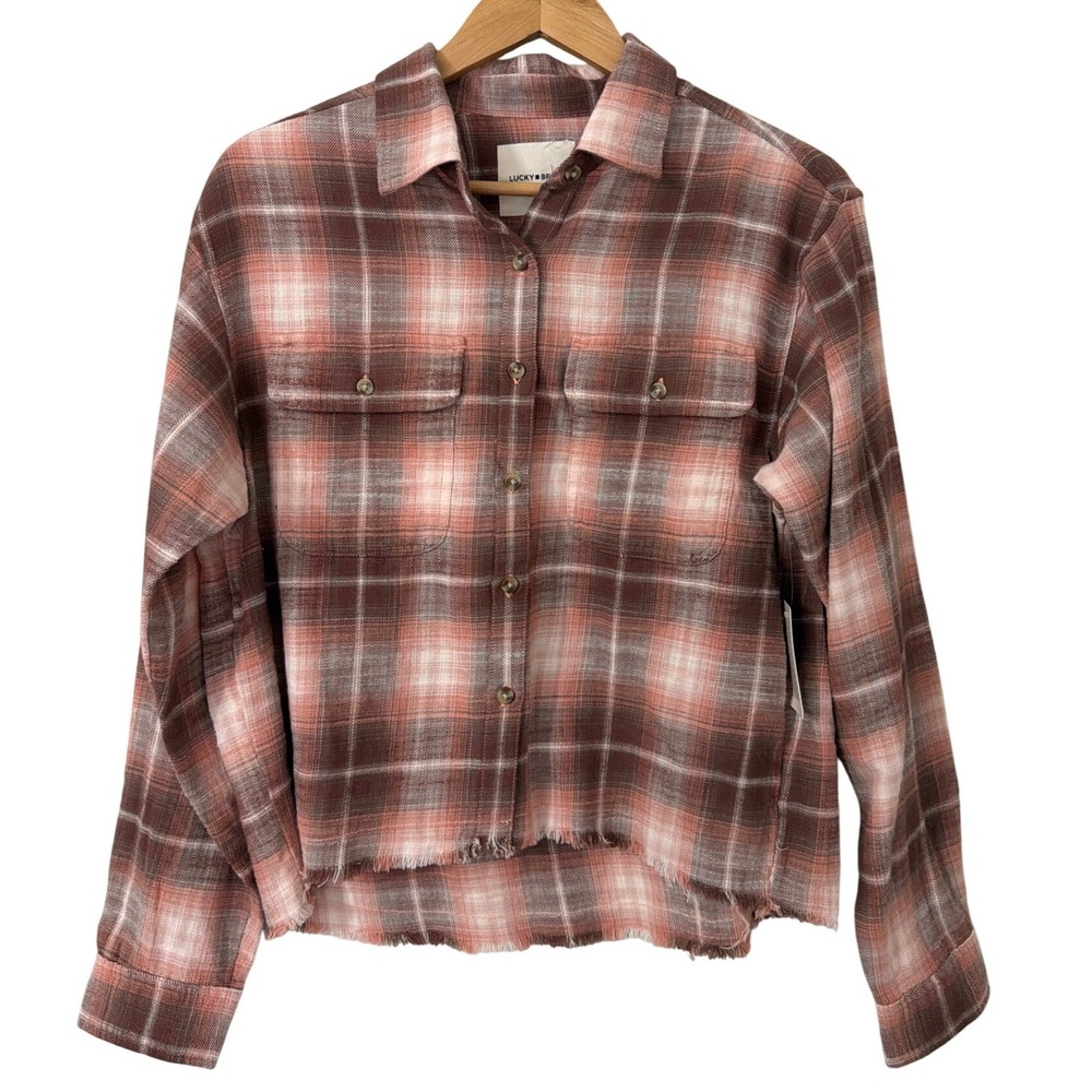 Lucky Brand Peach Brown Plaid Cropped Flannel Shirt Raw Hem Small NWT